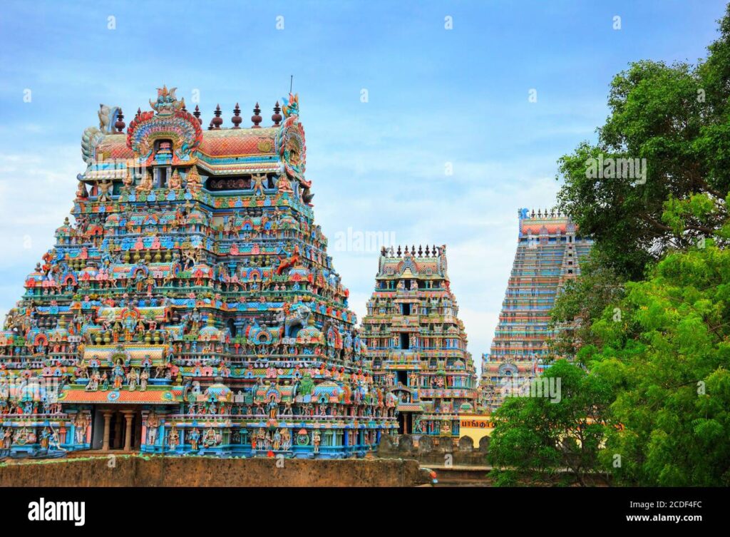 beautiful view of colorful gopuras in the hindu jambukeswarar temple in trichy tiruchirapalli tamil nadu india 2cdf4fc
